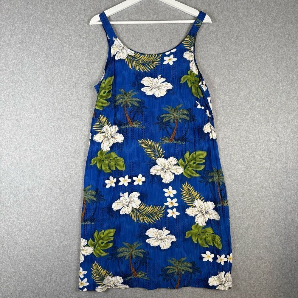 Bishop St Apparel Womens Large Hawaiian Print Mini Dress Blue Green Palm Trees